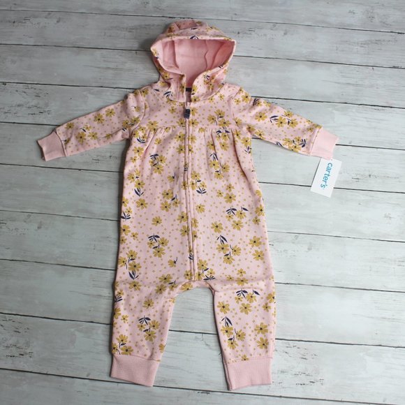 Carter's Baby Girl Hoodie Jumpsuit Romper Size 3 Months Floral Coverall - Picture 2 of 7